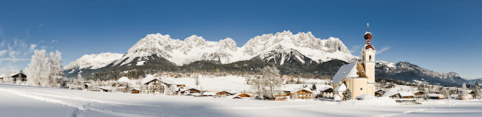 Panorama of Austrian village in the winter